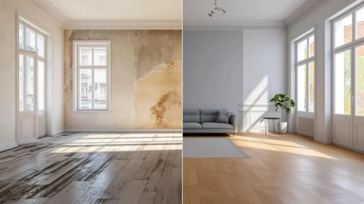 Before and after living room interior painting, damaged walls repaired and painted to clean gray finish
