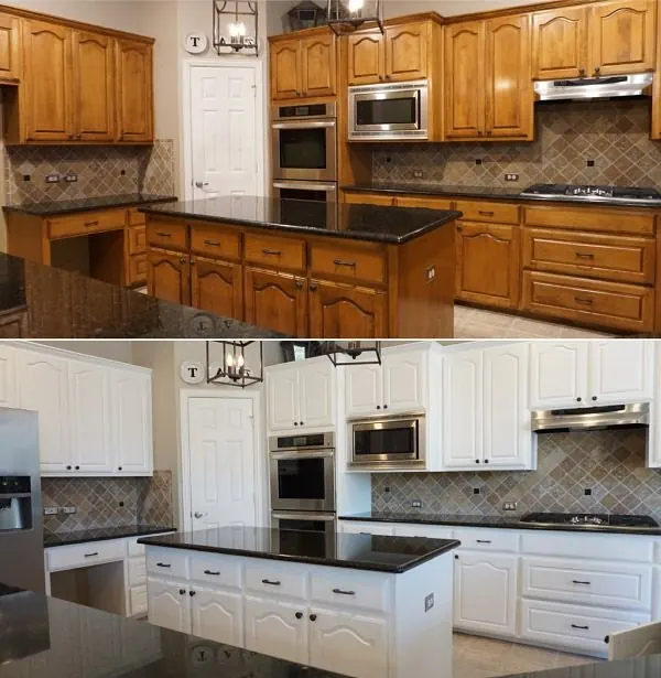 Before and after: oak cathedral cabinets refinished to white, same granite countertop and backsplash
