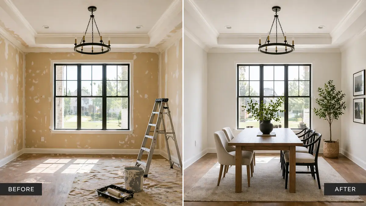 Before and after interior painting, dining room repainted from patchy yellow walls to clean white finish with hardwood floors protected