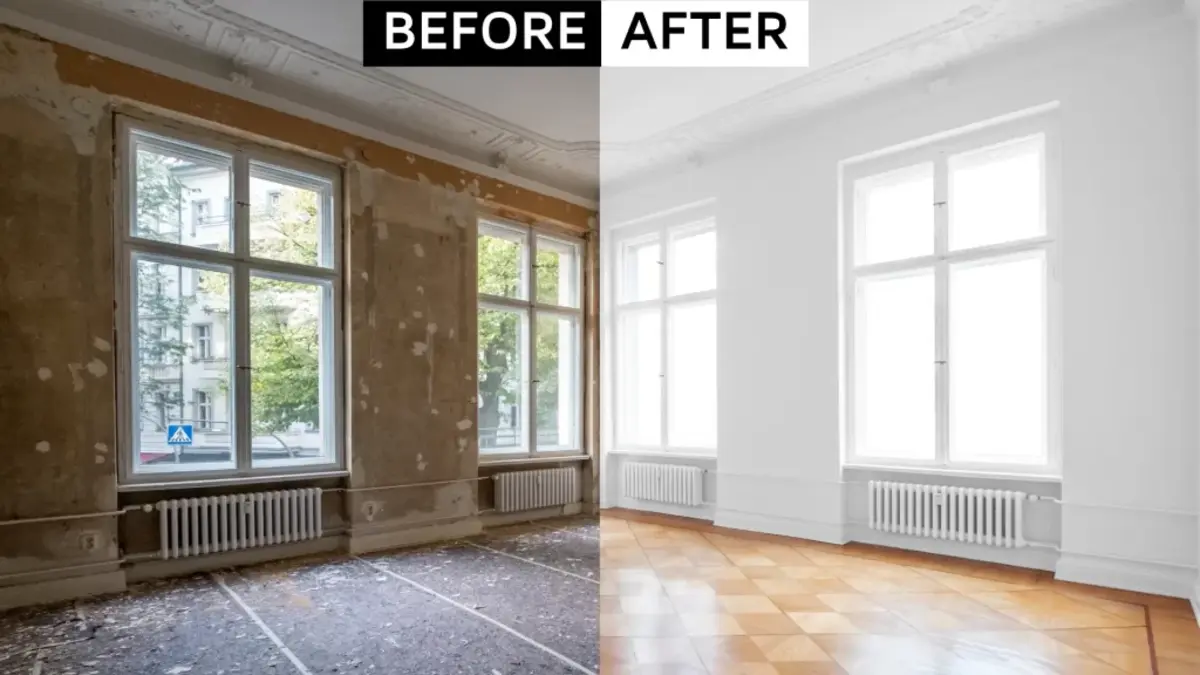 Before and after room repaint, crumbling walls restored to clean white with new flooring